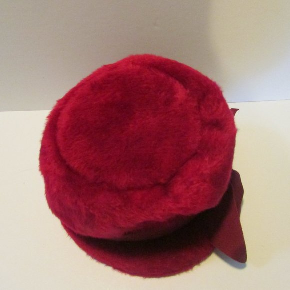 vintage women's magenta faux fur bucket hat with ribbon band and bow size 18 - Picture 4 of 7